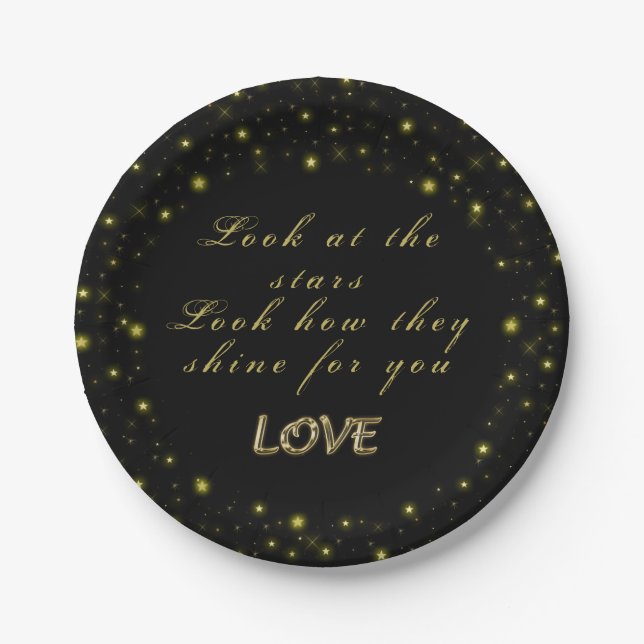 Personalized Gold and sparkles stars on black  Paper Plates (Front)