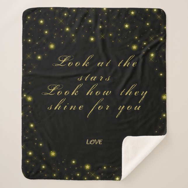 Personalized, Gold and sparkles stars on black Sherpa Blanket (Front)