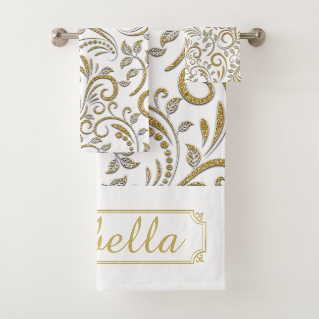 Personalized Gold and White Art Deco Bath Towel Se (Insitu)