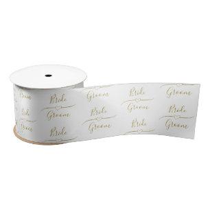 Personalized Gold and White Bride and Groom  Satin Ribbon