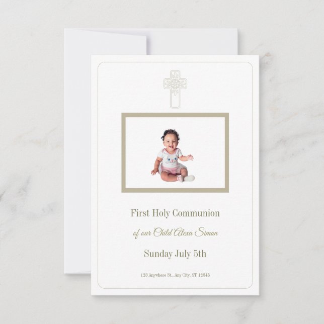 Personalized Gold and White First Holy Communion RSVP Card (Front)