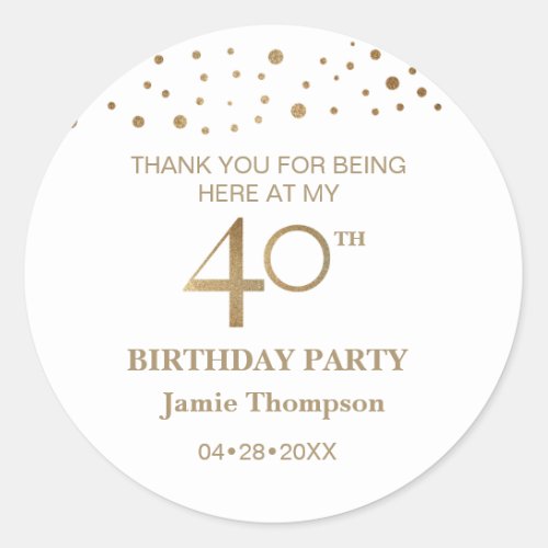 Personalized Gold and white theme 40th birthday Classic Round Sticker