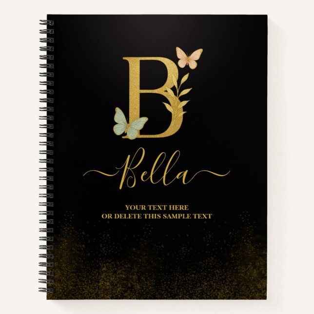 Personalized Gold B Notebook – Floral Monogram  (Front)