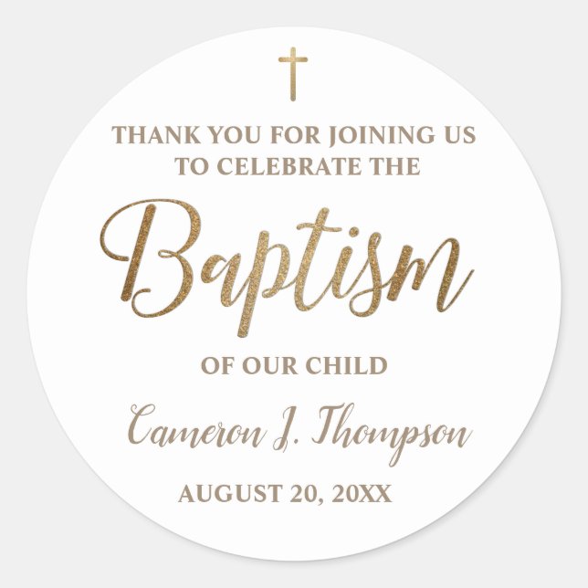 Personalized Gold Baby baptism thank you Classic Round Sticker (Front)