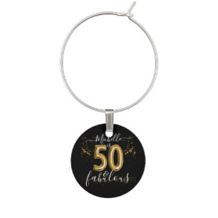 Personalized Gold Black 50th Fabulous Birthday Wine Charm