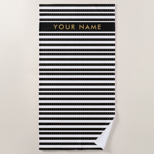 Personalized GoldBlack And White Striped Beach Towel