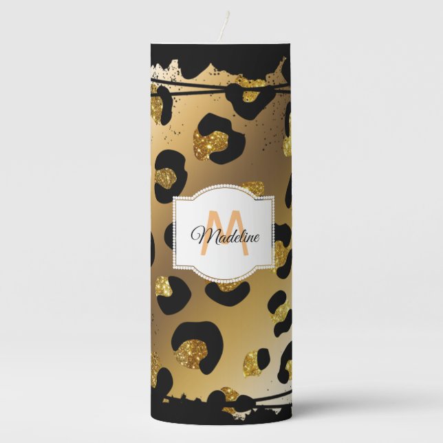 Personalized Gold & Black Animal Print Pillar Candle (Front)
