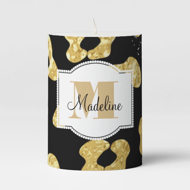 Personalized Gold & Black Animal Print Pillar Candle (Front)