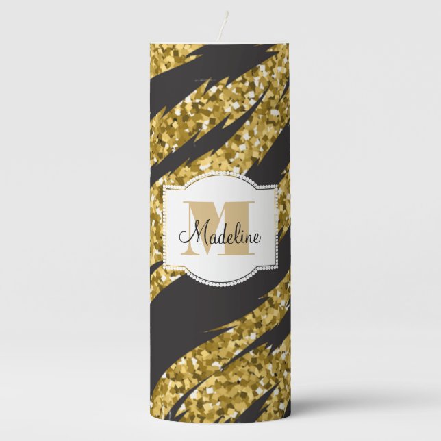 Personalized Gold & Black Animal Print Pillar Candle (Front)
