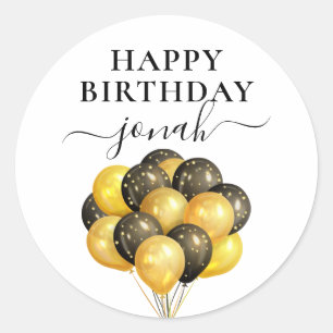 Personalized Gold Black Balloons Happy Birthday Classic Round Sticker