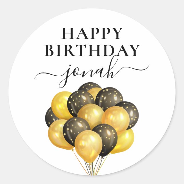 Personalized Gold Black Balloons Happy Birthday Classic Round Sticker (Front)
