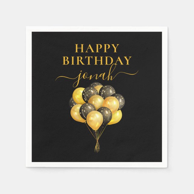 Personalized Gold Black Balloons Happy Birthday Napkins (Front)