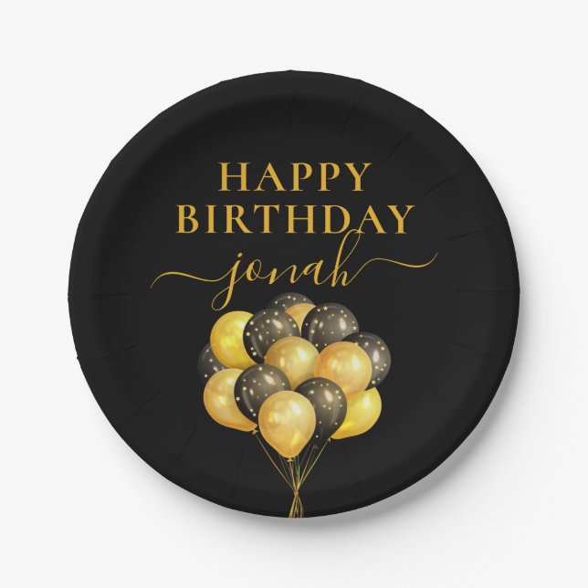Personalized Gold Black Balloons Happy Birthday Paper Plates (Front)