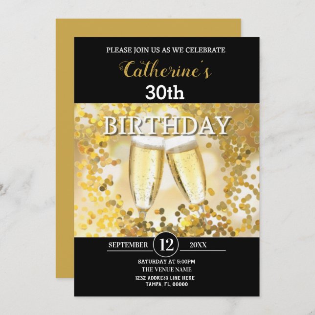 Personalized Gold & Black Birthday Invitation (Front/Back)