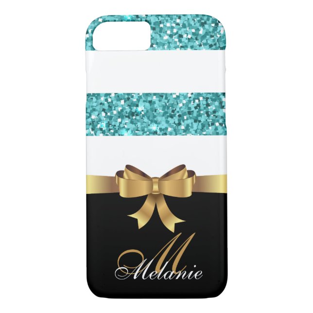 Personalized Gold, Black BLUE  GLITTER STRIPES BOW Case-Mate iPhone Case (Back)