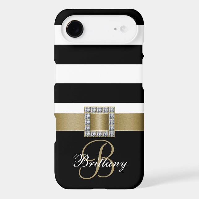 Personalized Gold, Black Bold Stripes Diamonds Case-Mate iPhone Case (Back)