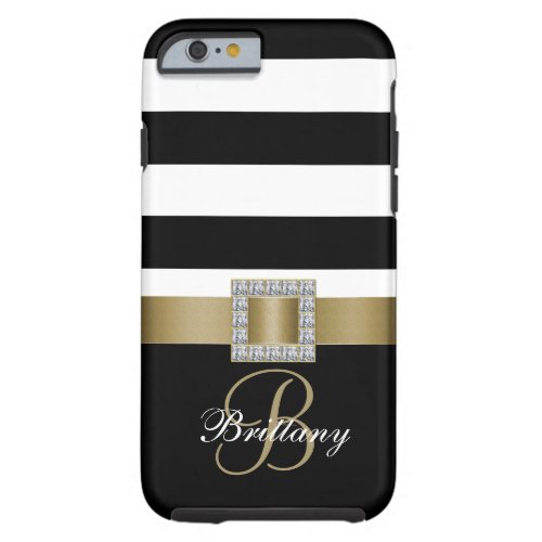 Personalized Gold Black Bold Stripes Diamonds Tough iPhone 6 Case