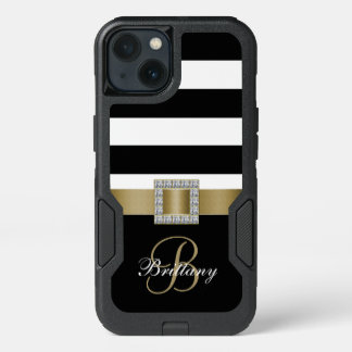 Personalized Gold, Black Bold Stripes Diamonds iPhone 13 Case