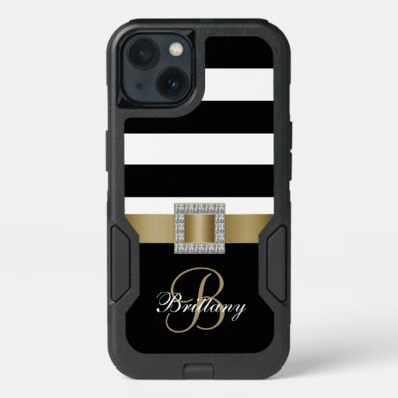 Personalized Gold, Black Bold Stripes Diamonds Iphone 13 Case