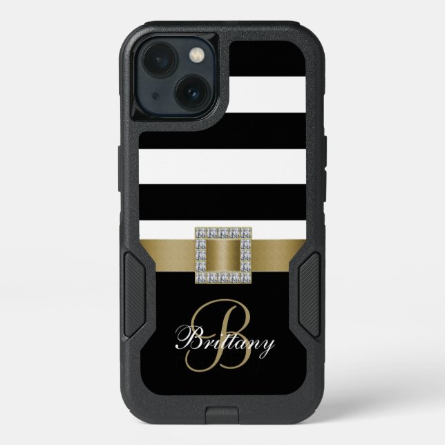 Personalized Gold, Black Bold Stripes Diamonds Otterbox iPhone Case (Back)