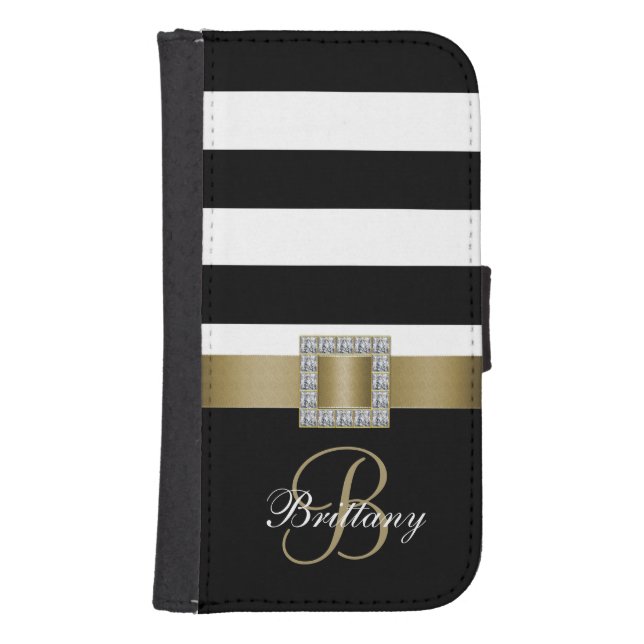 Personalized Gold, Black Bold Stripes Diamonds Samsung Galaxy Wallet Case (Front)