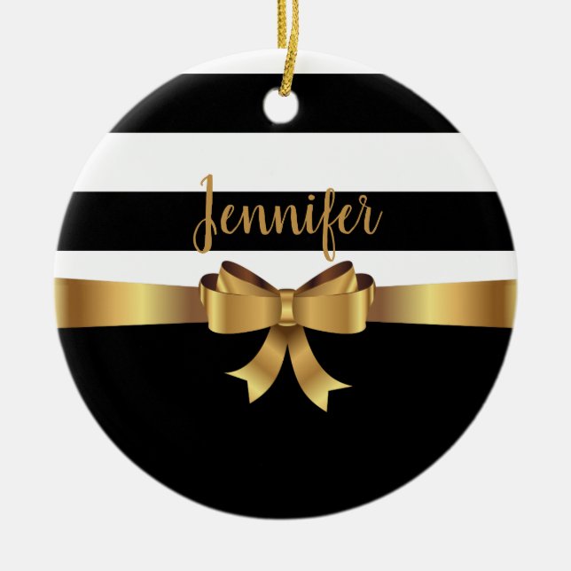 Personalized Gold, Black Bold Stripes ELEGANT BOW Ceramic Ornament (Front)
