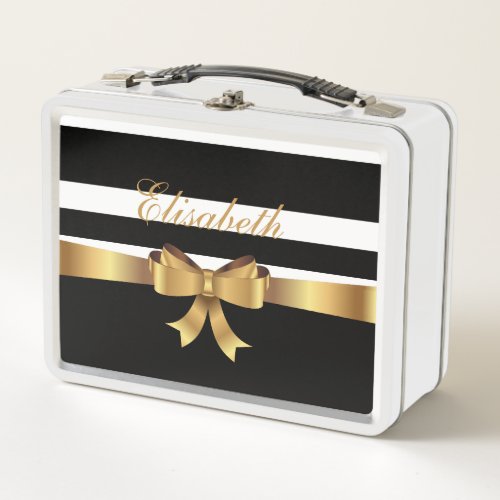 Personalized Gold Black Bold Stripes ELEGANT BOW Metal Lunch Box