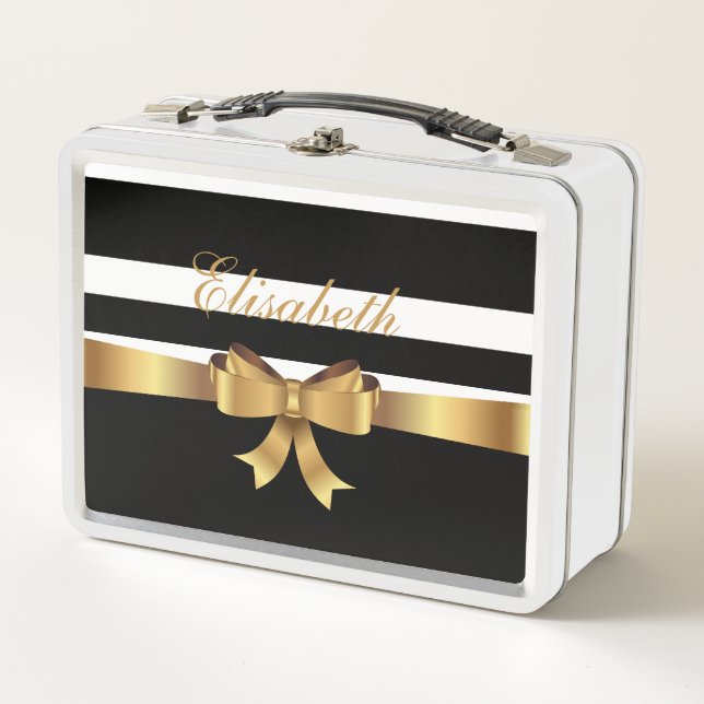 Personalized Gold, Black Bold Stripes ELEGANT BOW Metal Lunch Box (Front)