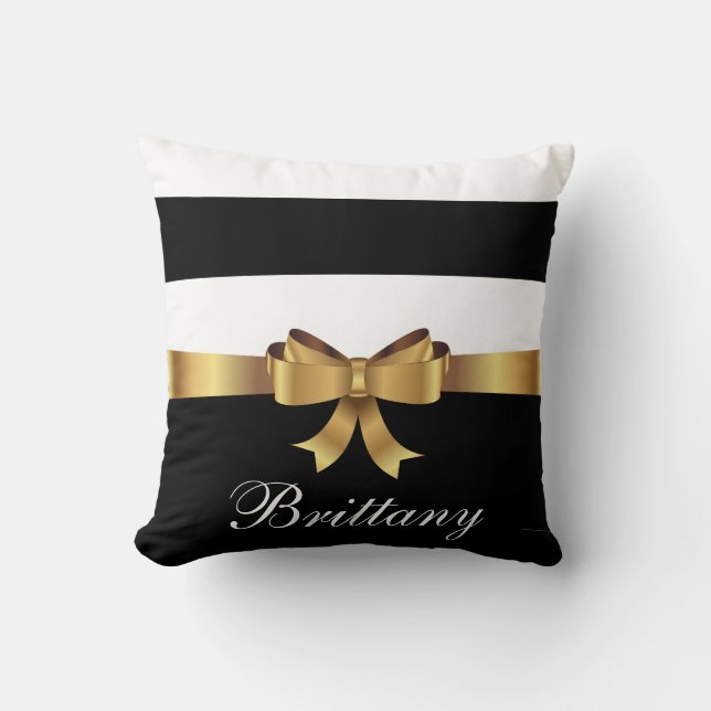 Personalized Gold, Black Bold Stripes ELEGANT BOW Throw Pillow (Front)