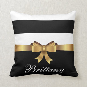 Personalized Gold, Black Bold Stripes ELEGANT BOW Throw Pillow