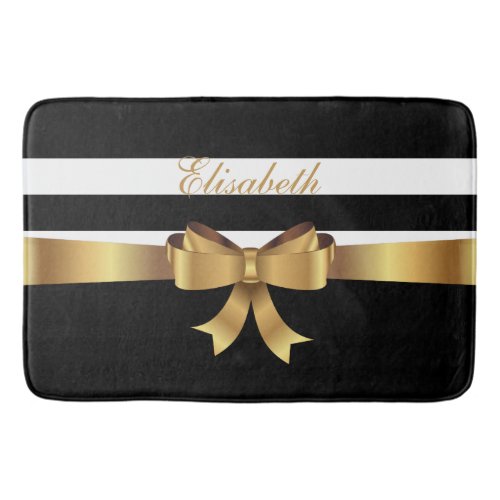Personalized Gold Black Bold Stripes Golden BOW Bath Mat
