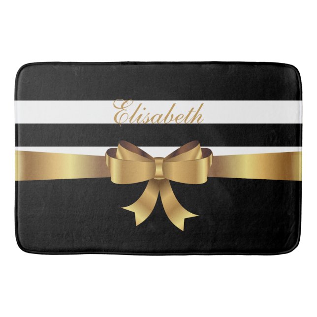 Personalized Gold, Black Bold Stripes Golden BOW Bath Mat (Front)