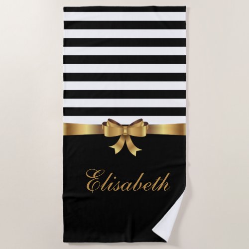 Personalized Gold Black Bold Stripes Golden BOW Beach Towel