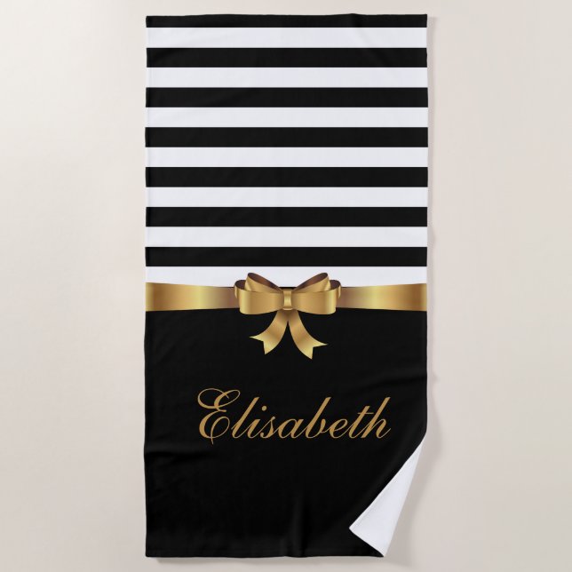 Personalized Gold, Black Bold Stripes Golden BOW Beach Towel (Front)