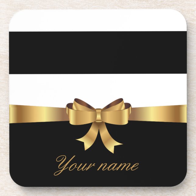 Personalized Gold, Black Bold Stripes Golden BOW Beverage Coaster (Front)