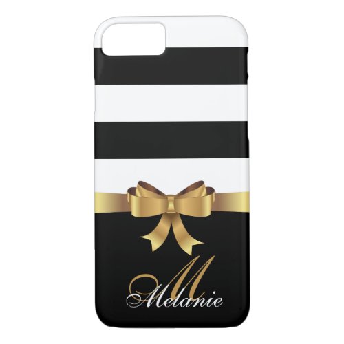 Personalized Gold Black Bold Stripes Golden BOW iPhone 87 Case