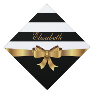 Personalized Gold, Black Bold Stripes Golden BOW Graduation Cap Topper