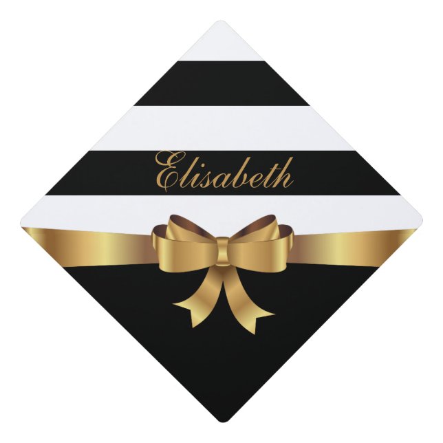 Personalized Gold, Black Bold Stripes Golden BOW Graduation Cap Topper (Front)