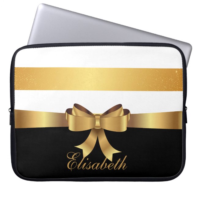 Personalized Gold, Black Bold Stripes Golden BOW Laptop Sleeve (Front)