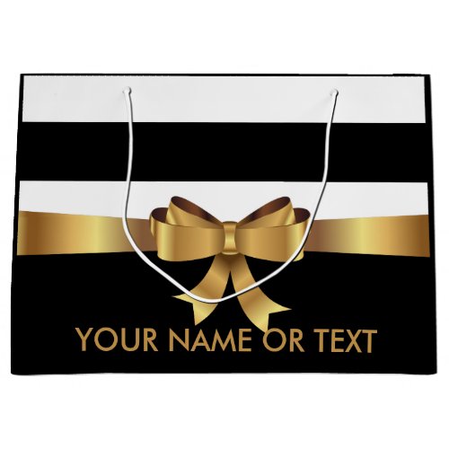 Personalized Gold, Black Bold Stripes Golden BOW Large Gift Bag