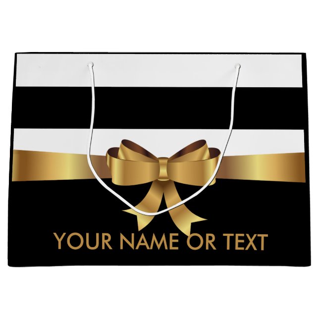 Personalized Gold, Black Bold Stripes Golden BOW Large Gift Bag (Front)