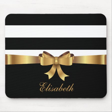Personalized Gold, Black Bold Stripes Golden Bow Mouse Pad
