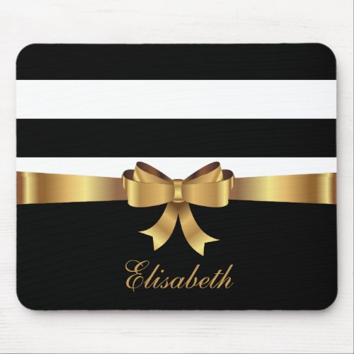 Personalized Gold Black Bold Stripes Golden BOW Mouse Pad