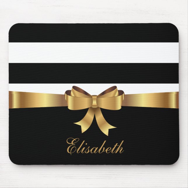 Personalized Gold, Black Bold Stripes Golden BOW Mouse Pad (Front)