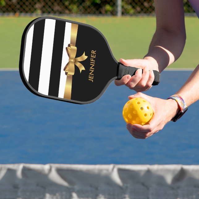 Personalized Gold, Black Bold Stripes Golden BOW  Pickleball Paddle (Insitu)
