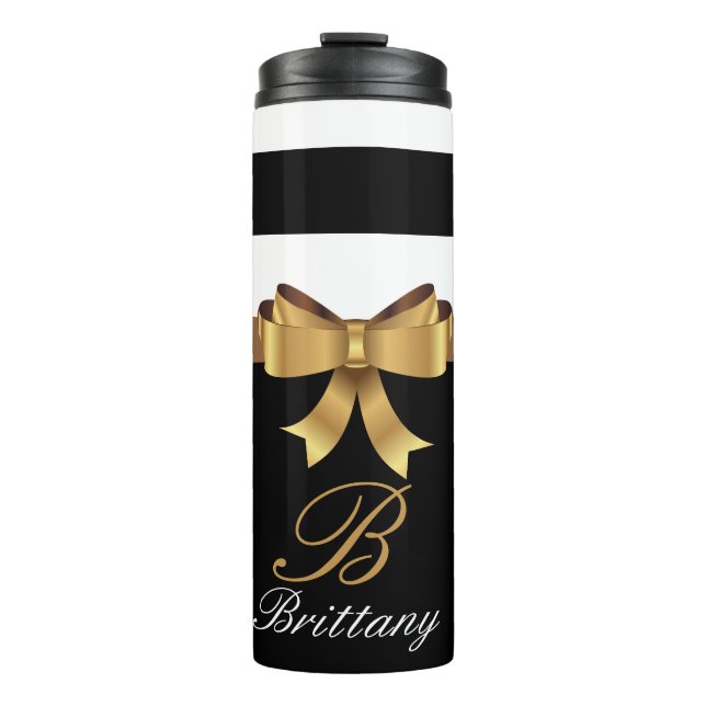 Personalized Gold, Black Bold Stripes Golden BOW Thermal Tumbler (Front)