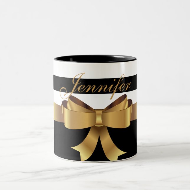 Personalized Gold, Black Bold Stripes Golden BOW Two-Tone Coffee Mug (Center)
