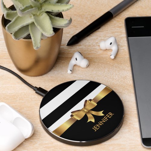 Personalized Gold Black Bold Stripes Golden BOW  Wireless Charger