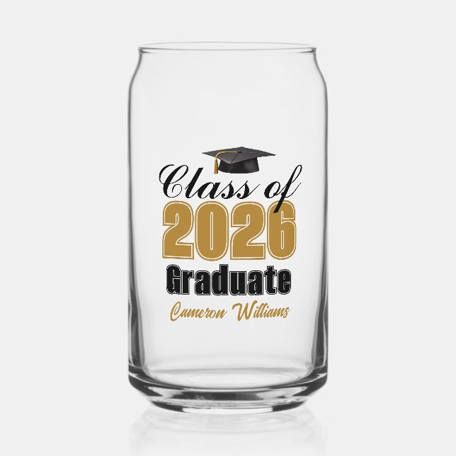 Personalized Gold Black Class of 2026 Graduation Can Glass (Front)