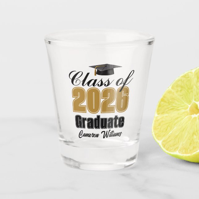 Personalized Gold Black Class of 2026 Graduation Shot Glass (Front)